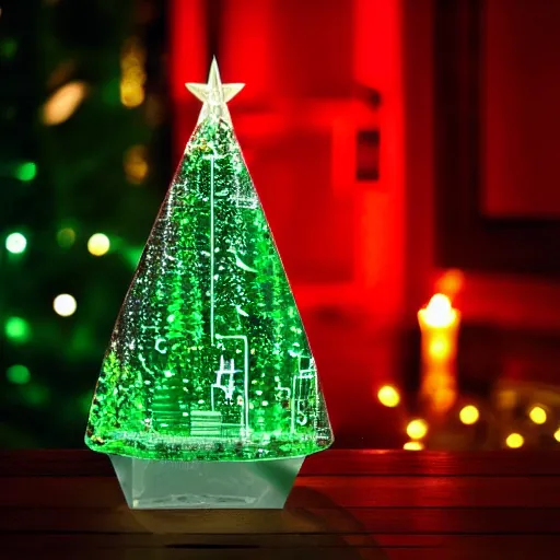 Prompt: cyberpunk Christmas tree inside a glass bouble
