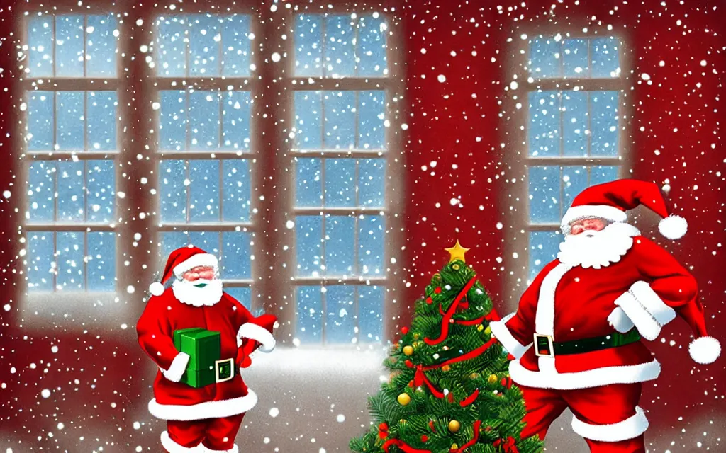 Prompt: santa claus in front of a christmas tree, snowing out the window poster digital illustration