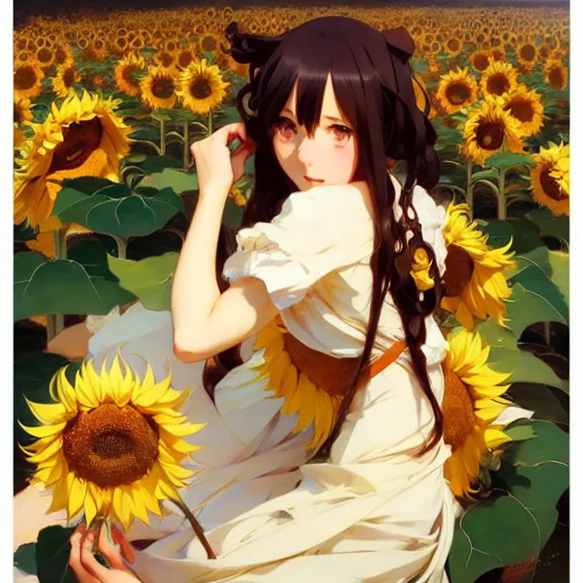 beautiful sunflower anime girl, krenz cushart, mucha, | Stable ...