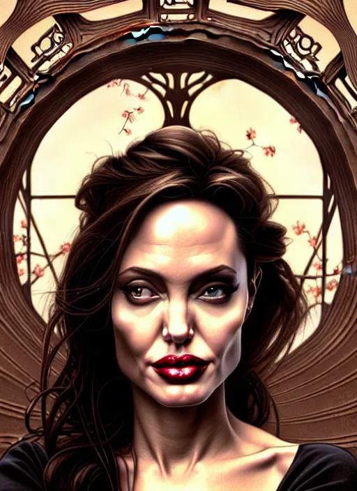 Image similar to portrait of angelina jolie, volumetric lights, feast, music notes, art nouveau botanicals, gothic, intricate, highly detailed, digital painting, artstation, concept art, smooth, sharp focus, symmetric face, illustration, steampunk, art by artgerm and greg rutkowski and alphonse mucha