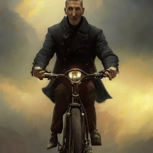 Image similar to cinematic shot epic portrait christopher eccleston riding a bicycle in the streets, atmospheric, cloudy, broad light, ambient occlusion, volumetric light effect, made by ivan aivazovsky, peter mohrbacher, greg rutkowski, ross tran, matte painting, trending on artstation, 4 k, perfectly defined features, digital painting, cinematic, epic, highly detailed,