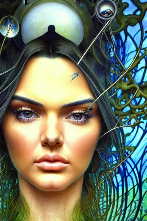 Prompt: realistic detailed face portraitphoto of the beautiful kendall jenner with long hair with sci-fi headwear, futuristic sci-fi forest on background by Jean Delville, Amano, Yves Tanguy, Alphonse Mucha, Edward Robert Hughes, Roger Dean, rich moody colours, blue eyes