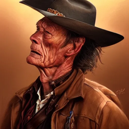 Image similar to a man, lance henriksen, cowboy hat, portrait, wild west, fantasy, highly detailed, digital painting, artstation, concept art, sharp focus, illustration, art by artgerm and greg rutkowski and alphonse mucha