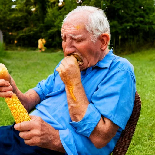 Image similar to old man struggling to eat a long corndog