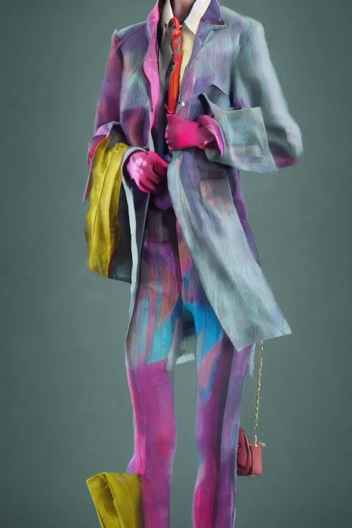 Image similar to a scene with a character wearing a super colorful muted color diy! suit, with a lot of pockets and details, vivienne westwood!, detailed photoreal render octane render, oil on canvas, watercolor