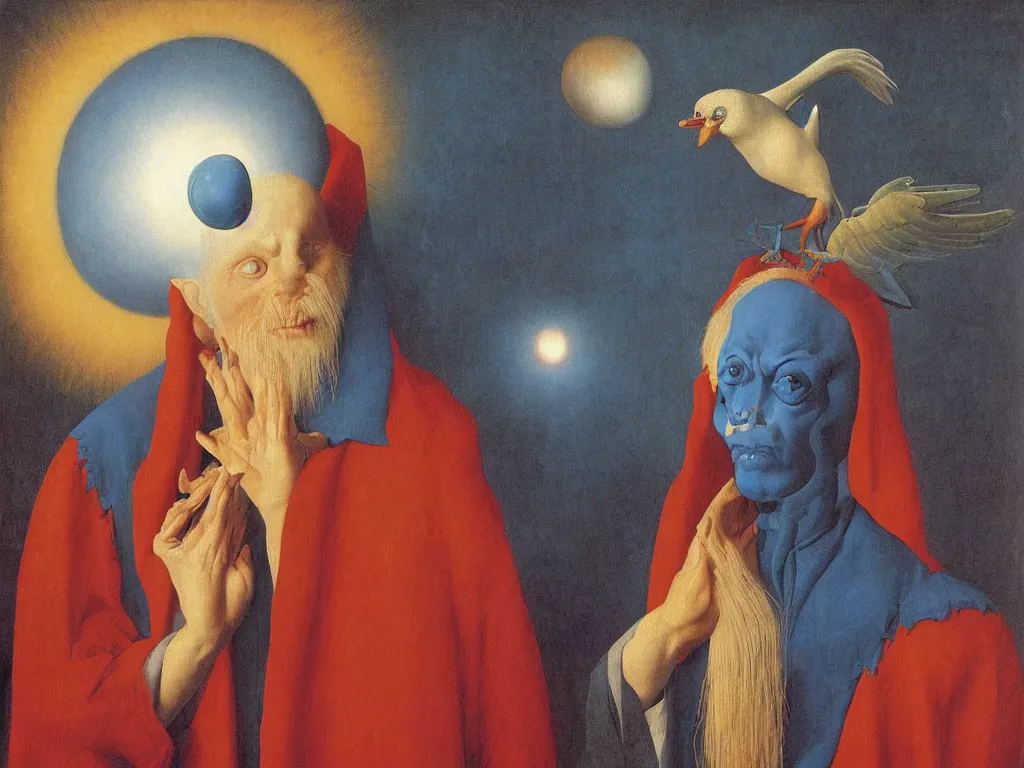 Prompt: Portrait of albino mystic with blue eyes, with atomic explosion. Painting by Jan van Eyck, Audubon, Rene Magritte, Agnes Pelton, Max Ernst, Walton Ford