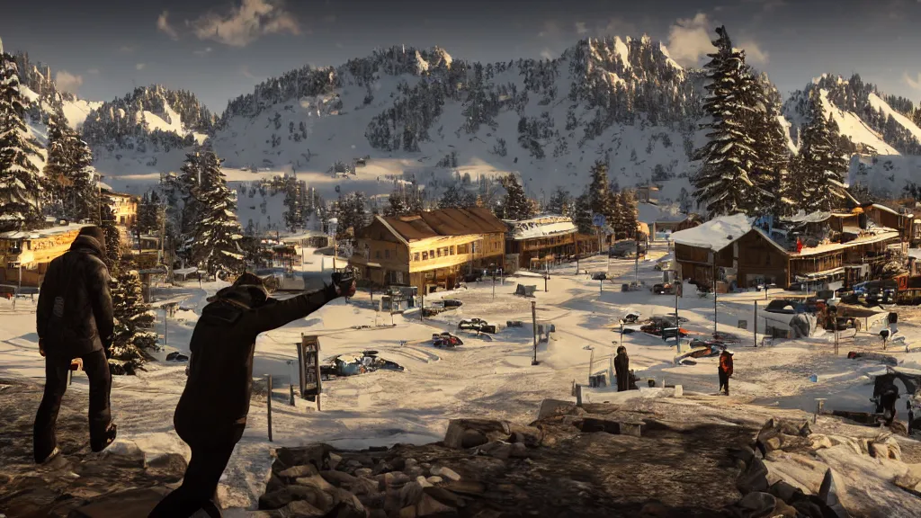 Prompt: Screenshot from Watchdogs at a ski resort