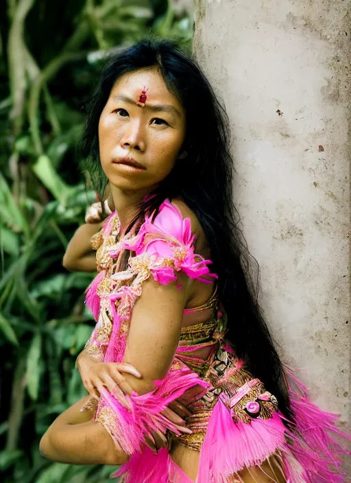 Prompt: portrait of female amazon warrior wearing pink kebaya in bali, by charlotte grimm, natural light, detailed face, canon eos c 3 0 0, ƒ 1. 8, 3 5 mm, 8 k, medium - format print