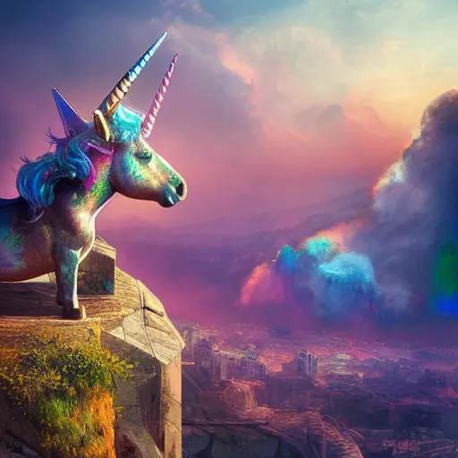 Prompt: a iridescent unicorn on a cliff overlooking a dystopian city covered in colorful toxic smog, ultra realistic, concept art, intricate details, highly detailed, photorealistic, octane render, 8 k, fantasy art, masterpiece