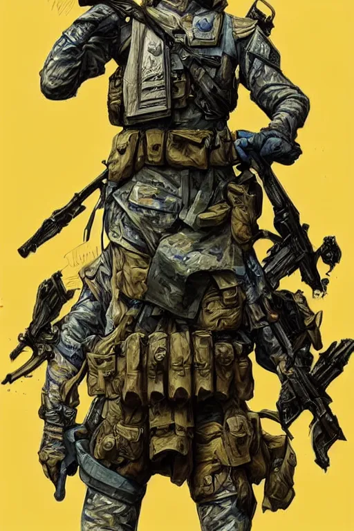 Image similar to a distant shot of a Modern Warfare soldier with blue and yellow uniform standing alone on a pile of skulls as a winner, masculine figure, D&D, fantasy, intricate, elegant, highly detailed, extremely detailed, digital painting, artstation, concept art, matte, sharp focus, symmetrical, illustration, art by Artgerm and Greg Rutkowski and Alphonse Mucha