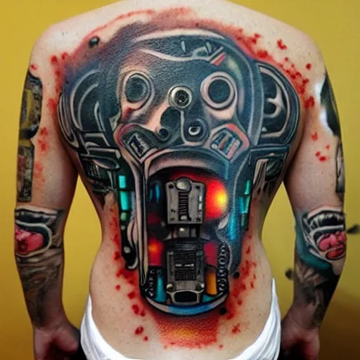 Image similar to backside on the shoulders is a tattoo of a 3 d hole in the skin with multicolored 3 d robotic mechanics and glowing computerparts inside under the skin, insanely integrate,