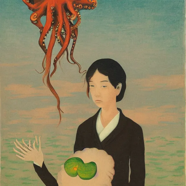 Image similar to tall emo girl artist holding an octopus, in odawara, books, small portraits, gourds, berries, pigs, acrylic on canvas, surrealist, by magritte and monet