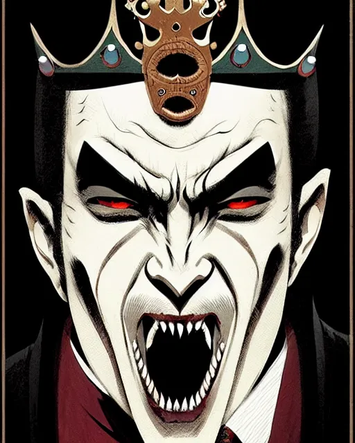 Image similar to handsome vampire king with crown and fangs, symmetrical face, evil, cinematic, dramatic, powerful, super detailed and intricate, by koson ohara, by darwyn cooke, by greg rutkowski, by satoshi kon