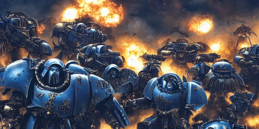 Image similar to warhammer 40k ultramarines, adeptus astartes, on the battle field, explosions and ruined empire on the background, digital art, illustration, wide angle, fine details, cinematic, highly detailed, octane render, 4k, unreal engine