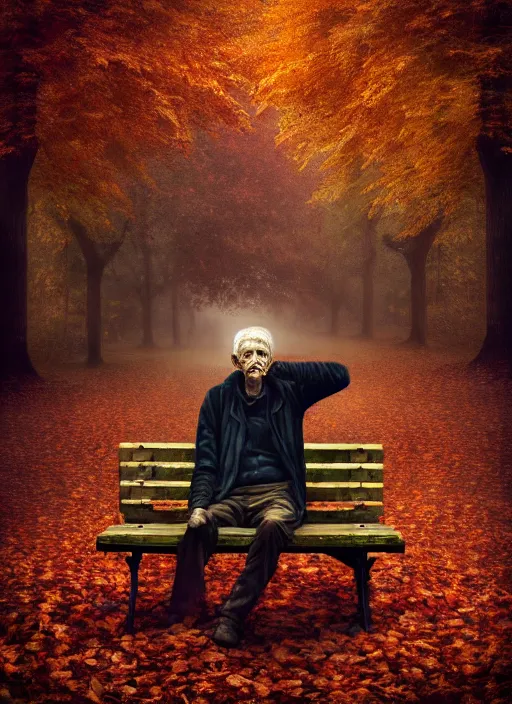 Image similar to man crumbles apart into autumn leaves. conceptual photography portrait of a crumbling old man on a park bench falling apart into leaves, autumn tranquility, forgetfulness, oblivion, inevitability, aging, surreal portrait, moody, by tom bagshaw, cold, 4 k