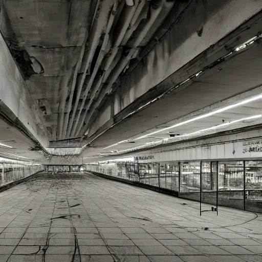 Image similar to abandoned super Mall in the post soviet era, MC Escher, destroyed, foggy weather, dark, uncanny