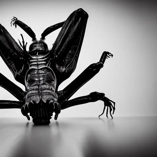 Image similar to artistic photoshoot of a mothan hybrid, grotesque, body horror, mutant shaming, creepy, terrifying, 8 k hdr 8 0 mm wide angle portrait, high contrast black and white, insectoid n