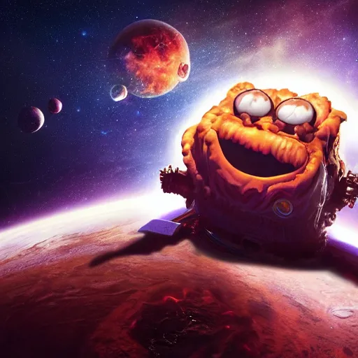 Prompt: one eldritch garfield in space, galaxy, hd, 8 k, explosions, gunfire, lasers, giant, epic, realistic photo, unreal engine, stars, prophecy, powerful, cinematic lighting, destroyed planet, debris, movie poster, violent, sinister, ray tracing, dynamic, print, epic composition, dark, lasagna, horrific