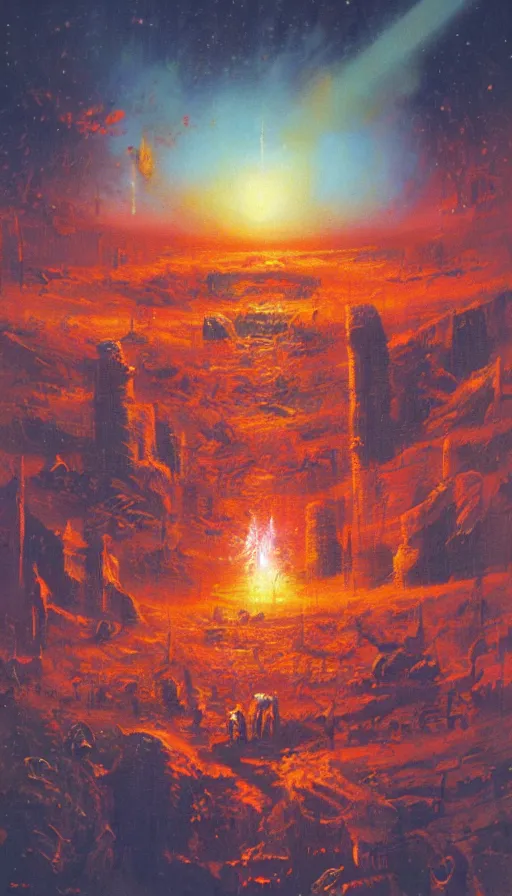 Prompt: the end of the world, by paul lehr,
