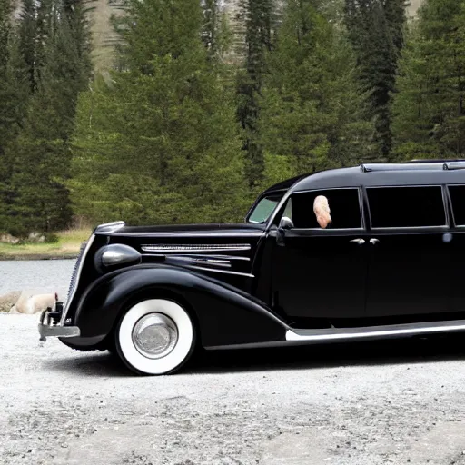 Image similar to photo of a black 1 9 3 6 chrysler airstream parked at a lake