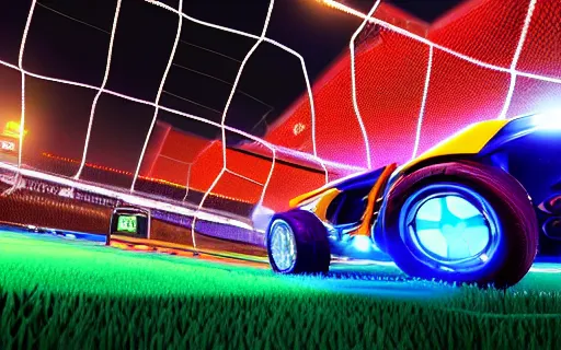 Prompt: rocket league, car soccer, boom, goal, demo, explosion, action shot, lens flares, rim light, raytracing, glow, haze, octane render, unreal engine, cinematic angle, dramatic lighting