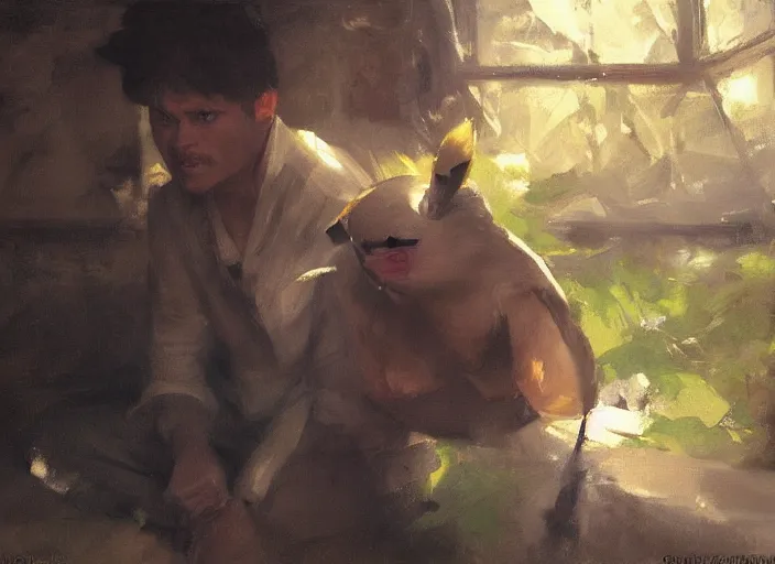 Image similar to oil painting of pikachu, art by anders zorn, wonderful masterpiece by greg rutkowski, beautiful cinematic light, american romanticism by greg manchess, creation by tyler edlin