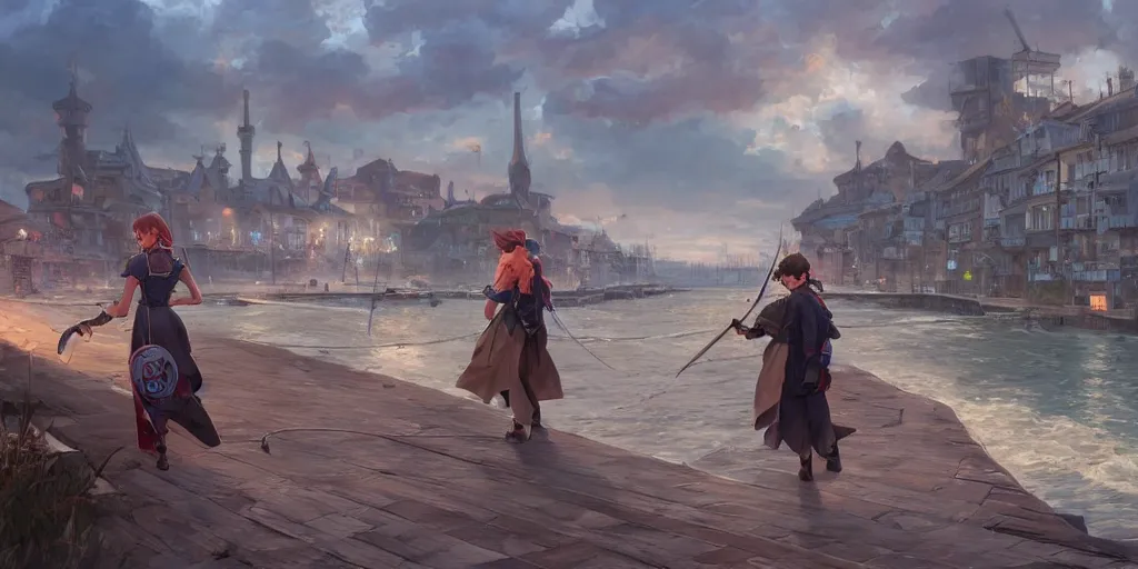 Prompt: empty seaside village bridge into a port town in the distance, pokemon sword and sheild, bright future, social realism, highly detailed, digital painting, artstation, concept art, matte, sharp focus, illustration, art by artgerm and greg rutkowski and alphonse mucha