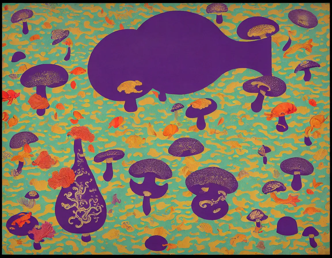 Prompt: vase of mushroom in the sky and under the sea decorated with a dense field of stylized scrolls that have opaque purple outlines, with koi fishes, ambrosius benson, kerry james marshall, oil on canvas, hyperrealism, light color, no hard shadow, around the edges there are no objects