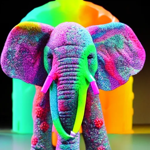 Image similar to Elephant made out of fruity pebble treats. Colorful skin, neon glow