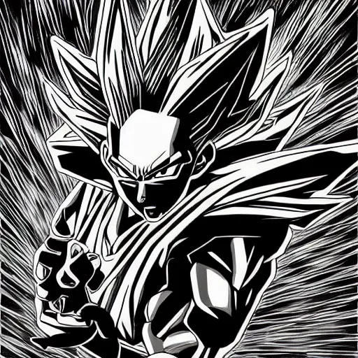 Image similar to Ultra Instinct Frank Zappa Dragon Ball Super manga panel award winning black and white art by Frank Zappa highly detailed pen and ink matte painting