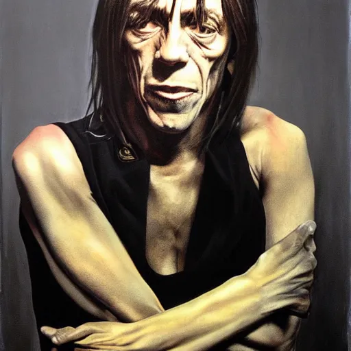 Image similar to Medium shot portrait of Iggy Pop by Gottfried Helnwein and Phil Hale