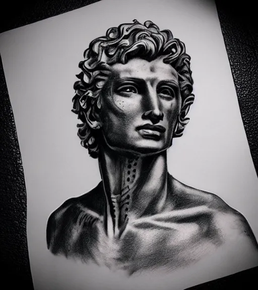 Prompt: tattoo design sketch of the statue of david broken in the middle, in the style of den yakovlev, realistic face, black and white, realism tattoo, hyper realistic, highly detailed