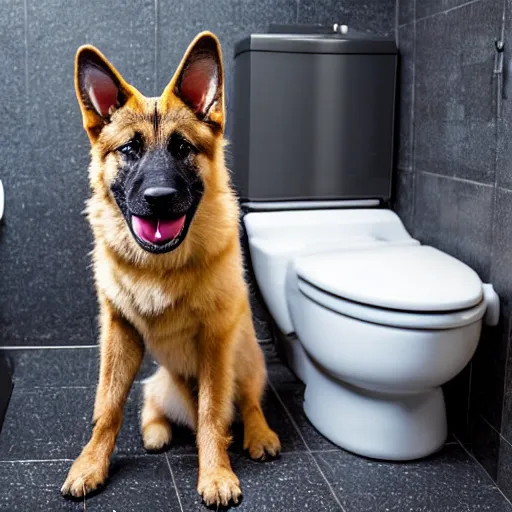 Prompt: German Shepperd sitting inside a toilet while having it's tongue out, 4k, high detail, photrealistic