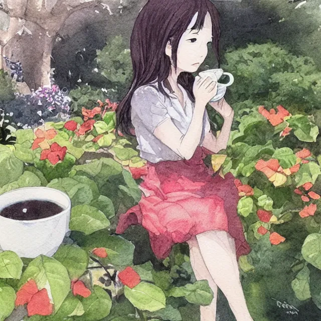Prompt: hanako tanaka drinking coffee in the garden. watercolor by the award - winning concept artist