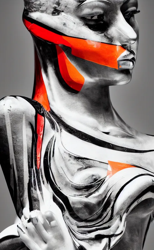 Image similar to extremely beautiful female black marble statue in the style of virgil abloh, colorful motocross logos behind her, sharp focus, clear, detailed,, cinematic, detailed, off white, glamourous, symmetrical, vogue, editorial, fashion, magazine shoot, glossy