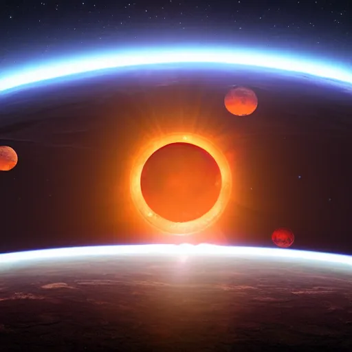 Prompt: hexagon sun shields floating in space, unreal engine, digital art, solar eclipse, seen from earth