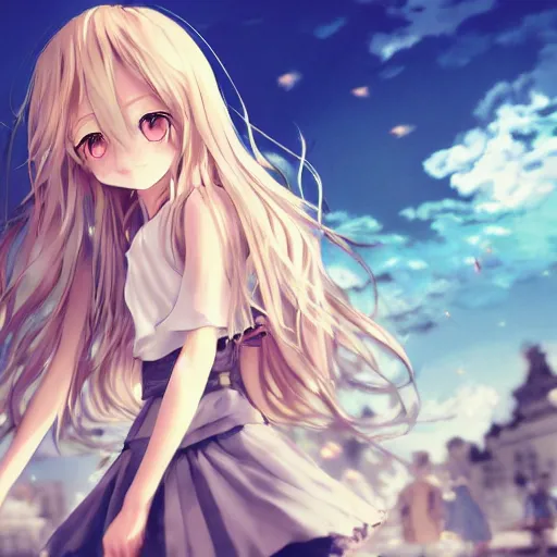 Image similar to a very beautiful anime girl, full body, long wavy blond hair, sky blue eyes, full round face, short smile, cute top, miniskirt, surround by a miniature crowd of people,wallpaper by wlop