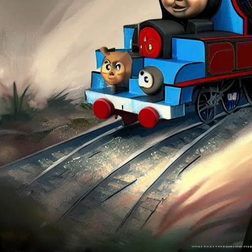 Prompt: concept art of thomas the tank engine committing war crimes, 4 k, trending on artstation, concept art, painterly brush strokes