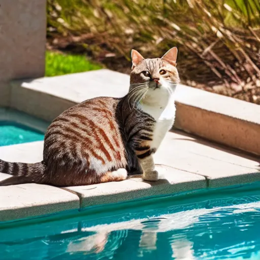 Prompt: cat at poolside