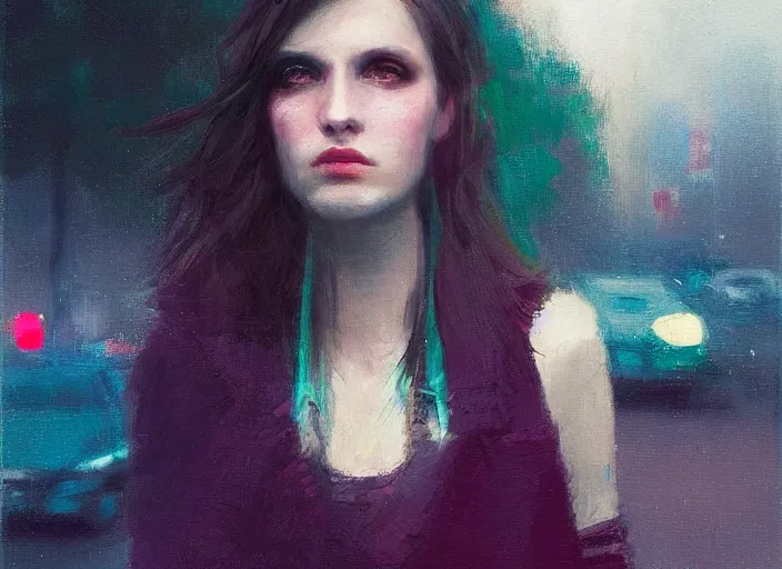 Prompt: detailed portrait of a punk girl with green eyes in the city street at night, bokeh, long exposure, painting by jeremy lipking christopher doyle