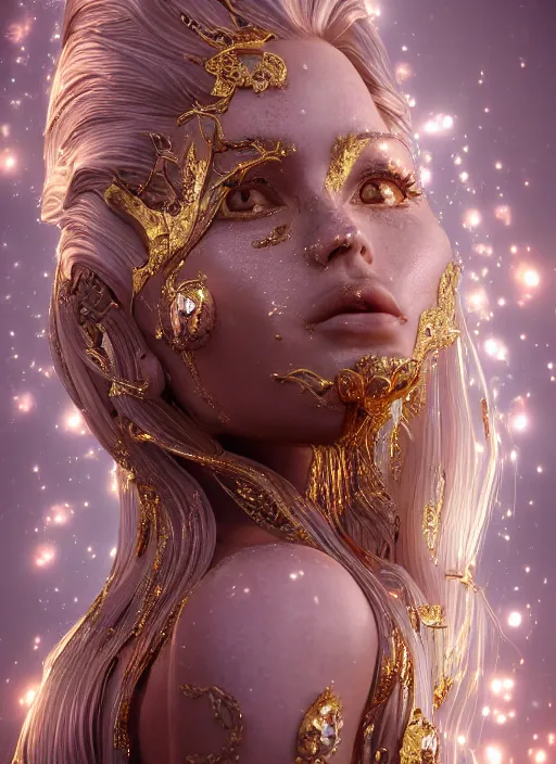 Image similar to beauteous practical sumptuous tattood beautiful face, crystal, gold, copper, bronze biomechanical with incredible iridescent pearlescent voluminous neon hair, crystalline masterpiece incrustations, hyperdetailed face, elegant pose, movie still, intricate, octane render, cinematic forest lighting, unreal engine, crepuscular rays, god rays