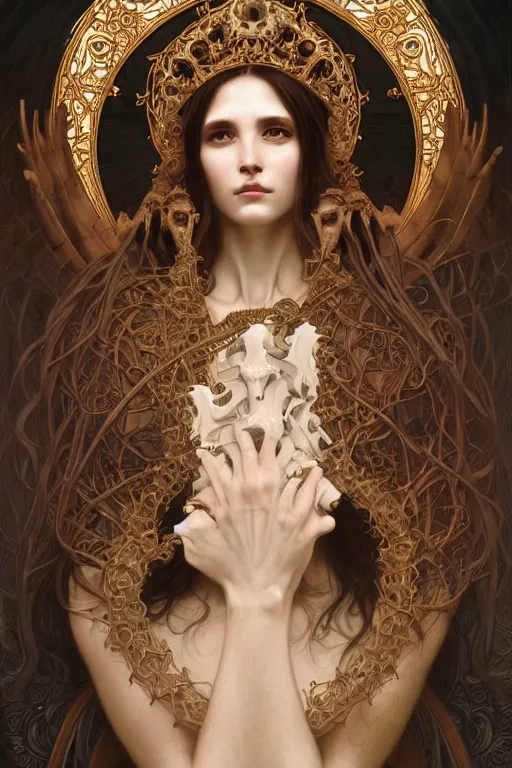 Image similar to a portrait of the bone goddess, intricate, gothic, highly detailed, digital painting, crown of skulls, artstation, smooth, sharp focus, illustration, art by artgerm and greg rutkowski and alphonse mucha and william - adolphe bouguereau