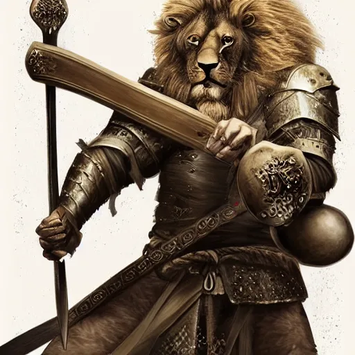 Image similar to medieval lion warrior fighting with a sword, book cover, digital art, detailed, realistic, artstation