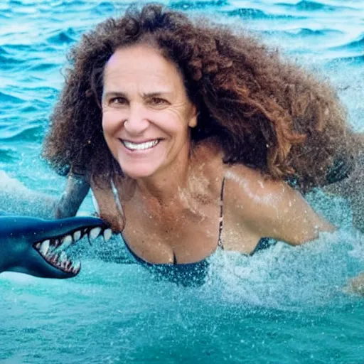 Image similar to an athletic woman in her fifties with curly brown hair, swimming smiling in the middle of a rough sea surrounded by sharks. above her, in the sky, a star.