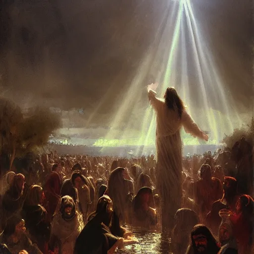 Image similar to painting of Christ coming up from beneath the water in the Jordan River, his eyes fixed toward the sky, his mouth agape, the sky is dark with god rays filtering through in the distance, a crowd looks on in silence in the far background, by Jeremy Mann, stylized, detailed, realistic, loose brush strokes