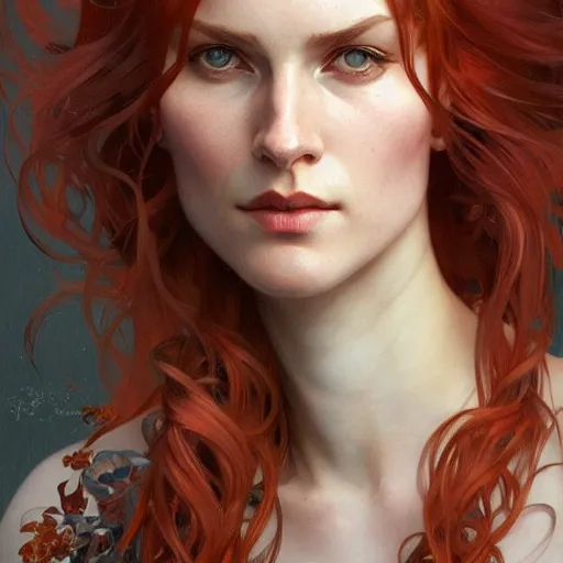 Image similar to A full portrait of Nordic female, 30 years old, brown red long hair, intricate, elegant, highly detailed, digital painting, artstation, concept art, smooth, sharp focus, illustration, art by Krenz Cushart and Artem Demura and alphonse mucha