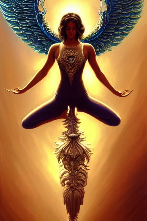 Image similar to angel doing yoga in temple, angel is t - shirt with metal band logo, fantasy, intricate, elegant, highly detailed, digital painting, artstation, concept art, matte, sharp focus art by boris vallejo, smooth, sharp focus, illustration