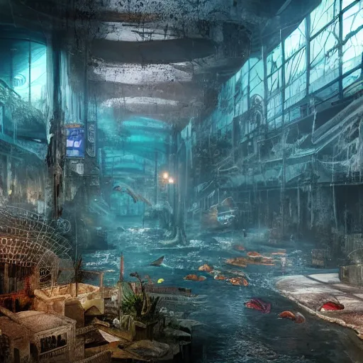 Image similar to An abandoned city center under water, horror, liminal, hyper detailed, dramatic lighting, CGsociety, realistic, fish, hyper detailed, insane details, intricate, dramatic lighting, hypermaximalist, golden ratio, rule of thirds, octane render, weta digital, micro details, ultra wide angle, Artstation trending, 8k,