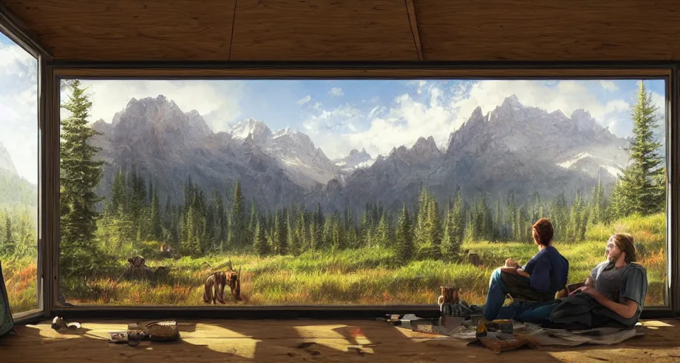 Image similar to cabela's beautiful comfortable carbon framed, modular insulated wall portable container home kit - house all weather family dwelling tent house, person in foreground, mountainous forested wilderness open fields, beautiful views, painterly concept art, environmental concept art, concept art illustration, by james gurney, by craig mullins, by greg rutkowski trending on artstation