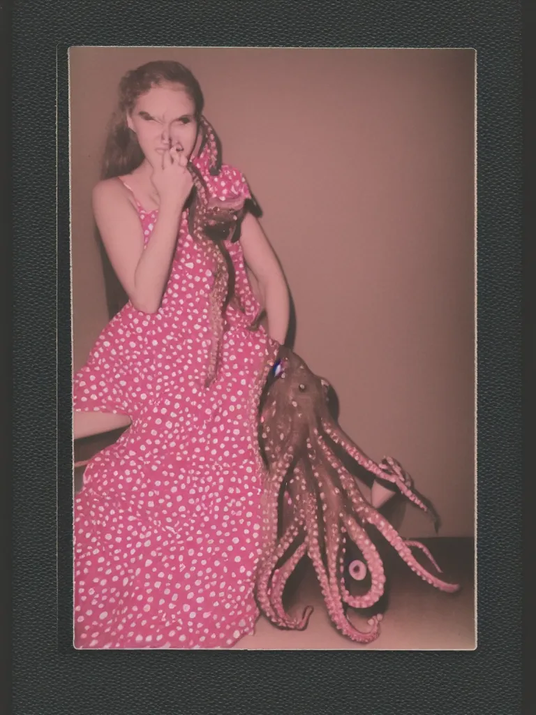 Prompt: Polaroid of an octopus in a pink polkadot dress at her high school prom, portrait by David friedric